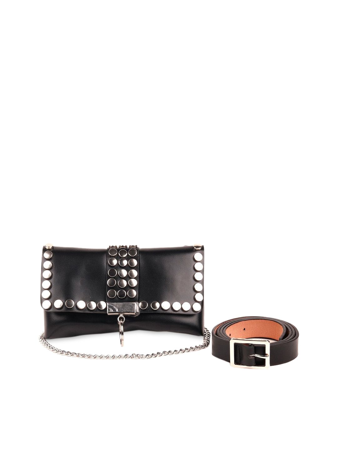 ODETTE Women Black Solid Leather Belt With Purse Price in India