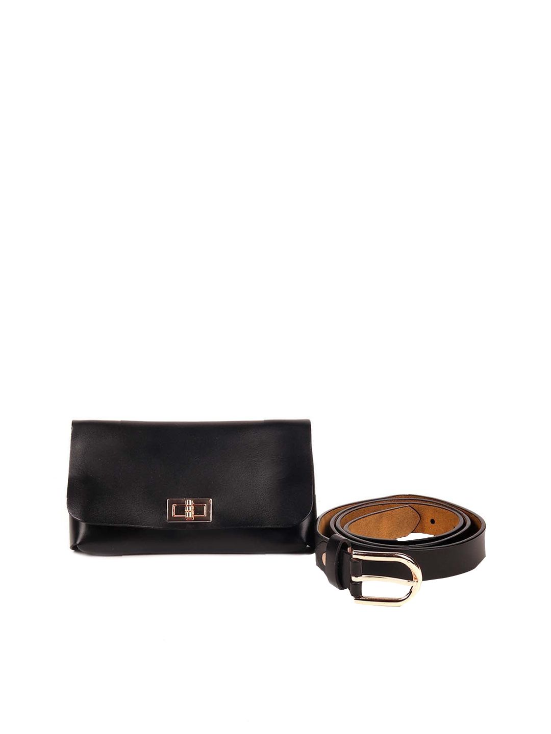 ODETTE Women Black Solid Leather Belt With Purse Price in India