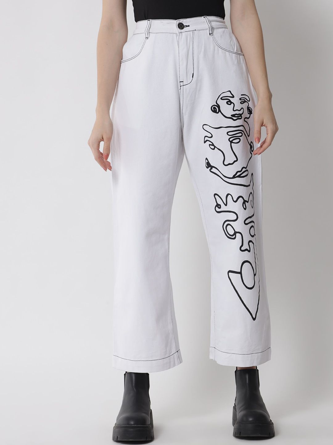 River Of Design Jeans Women White Wide Leg High-Rise Low Distress Printed Jeans Price in India