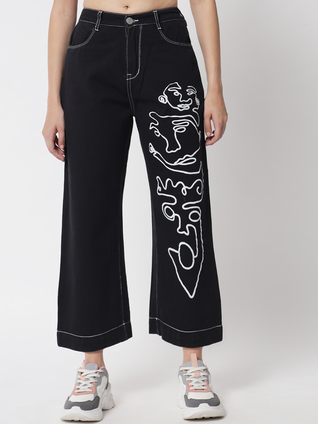 River Of Design Jeans Women Black Printed Wide Leg High-Rise Jeans Price in India