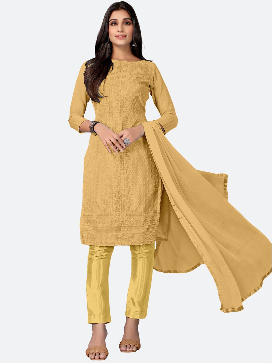 Satrani Yellow Chikankari Embroidered Unstitched Dress Material Price in India