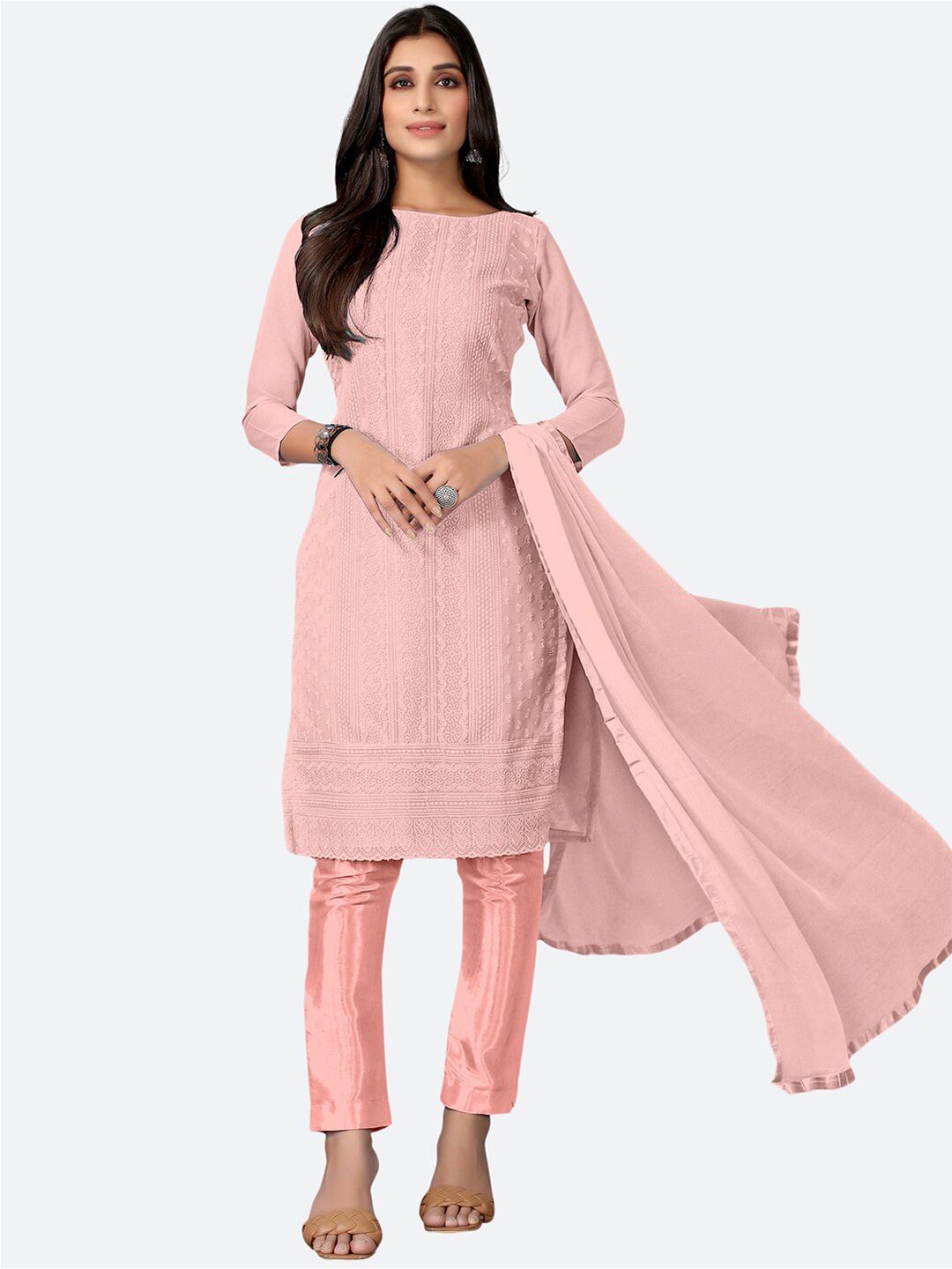 Satrani Peach-Coloured Chikankari Embroidered Unstitched Dress Material Price in India