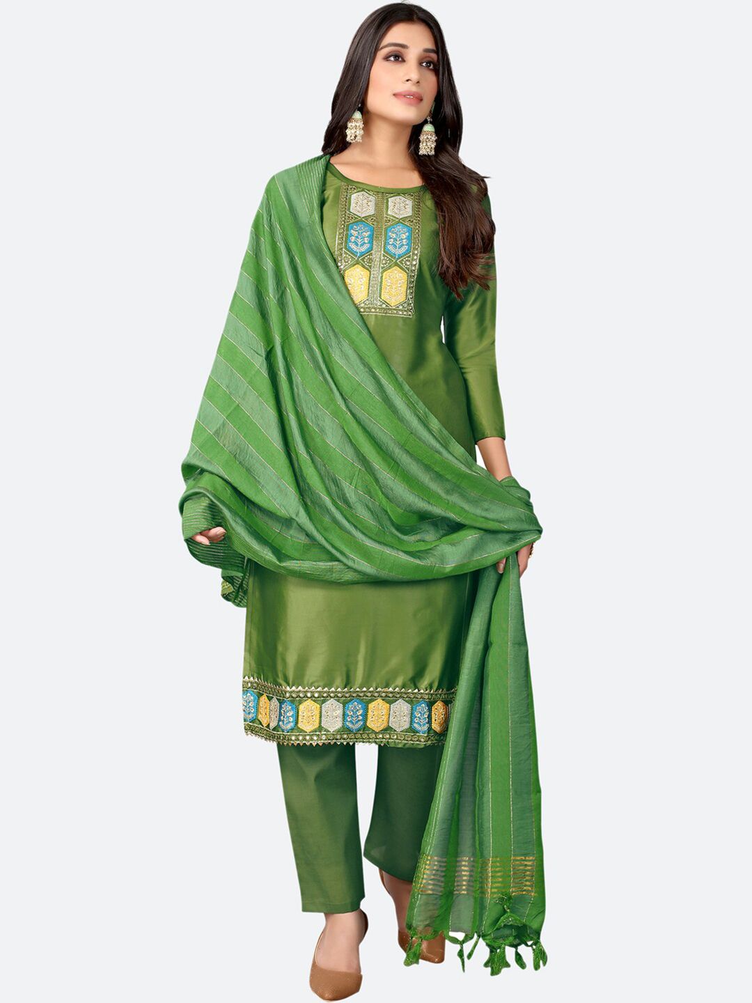 Satrani Lime Green Mirror Embroidered Satin Unstitched Dress Material Price in India