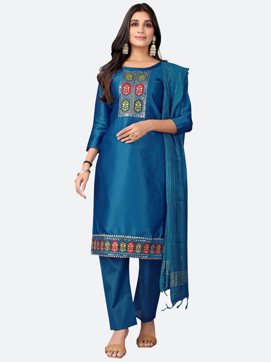 Satrani Blue Mirror Embroidered Satin Unstitched Dress Material Price in India