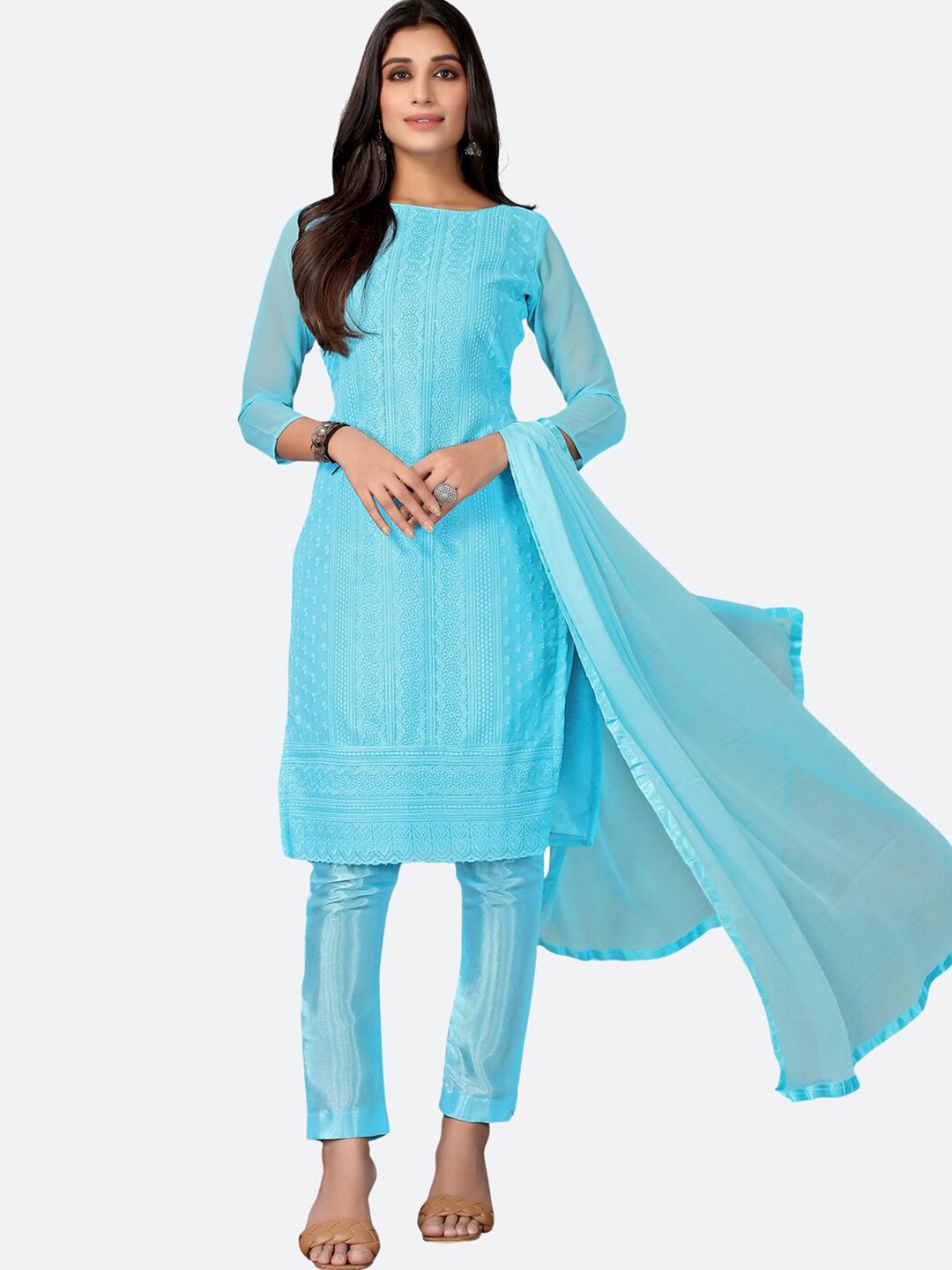 Satrani Turquoise Blue Chikankari Embroidered Unstitched Dress Material Price in India