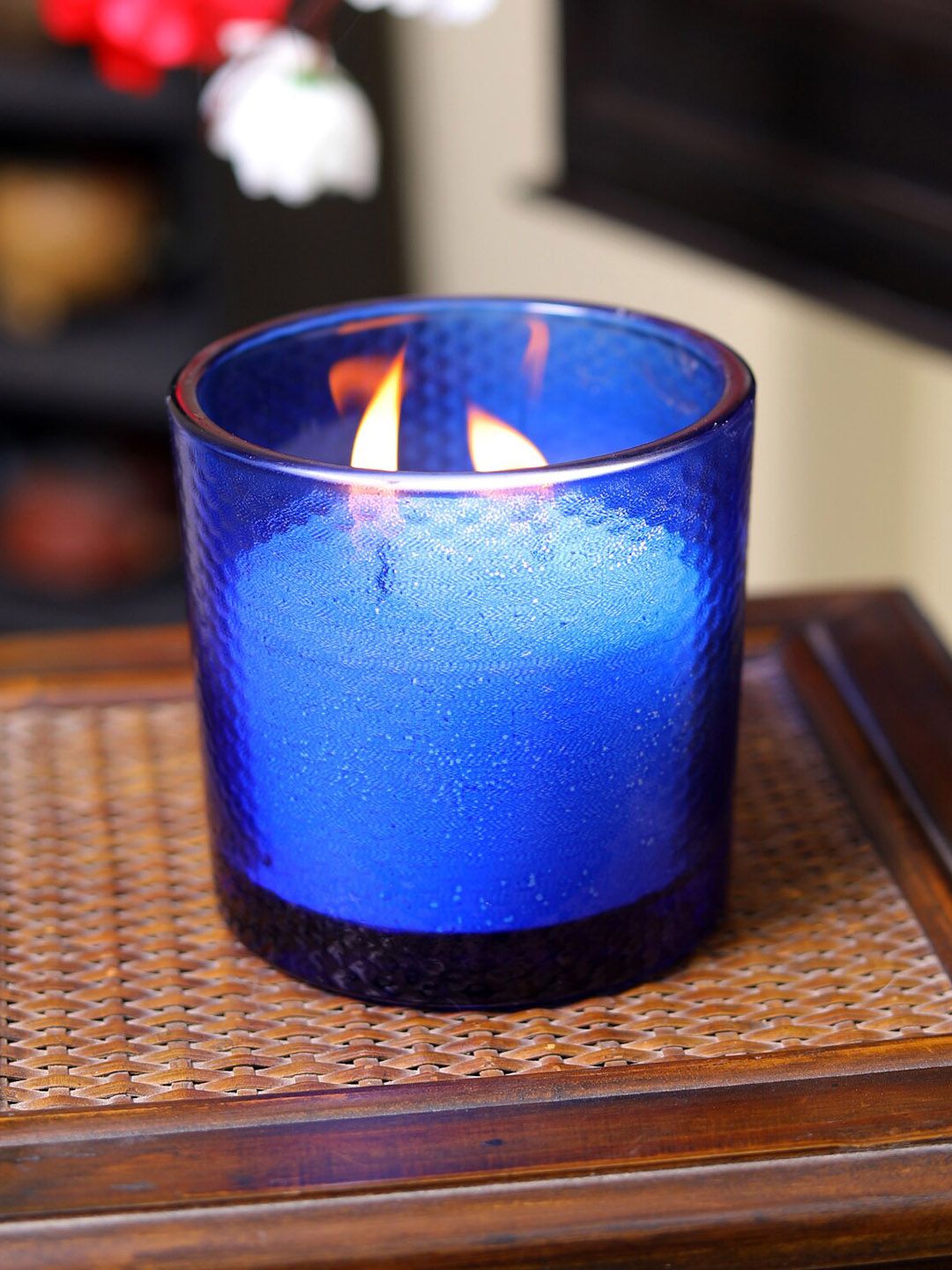HOSLEY Blue 2 Wick Unscented Glass Candle Price in India