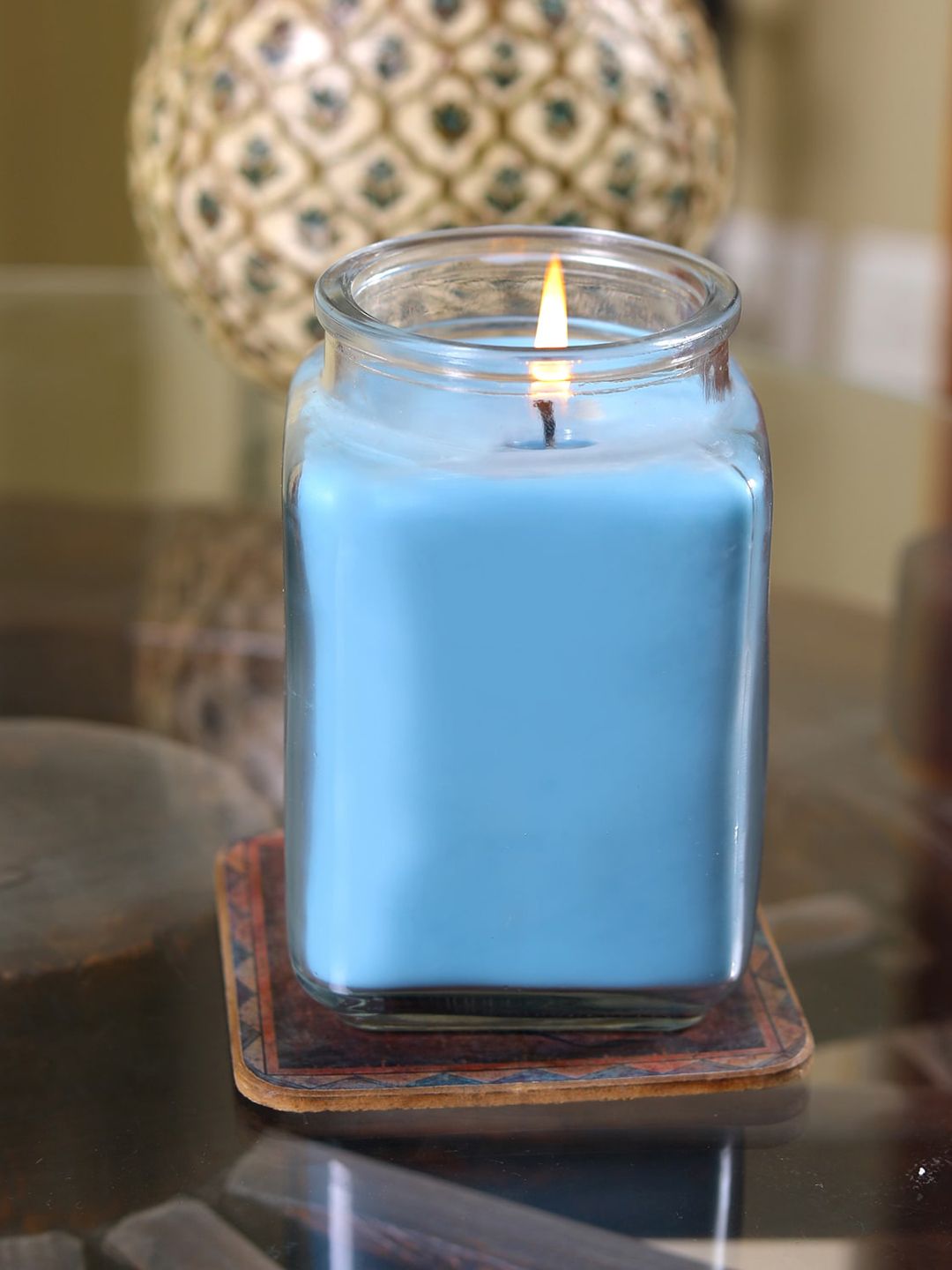 HOSLEY Blue Solid Caribbean Breeze Scented Glass Jar Candles Price in India