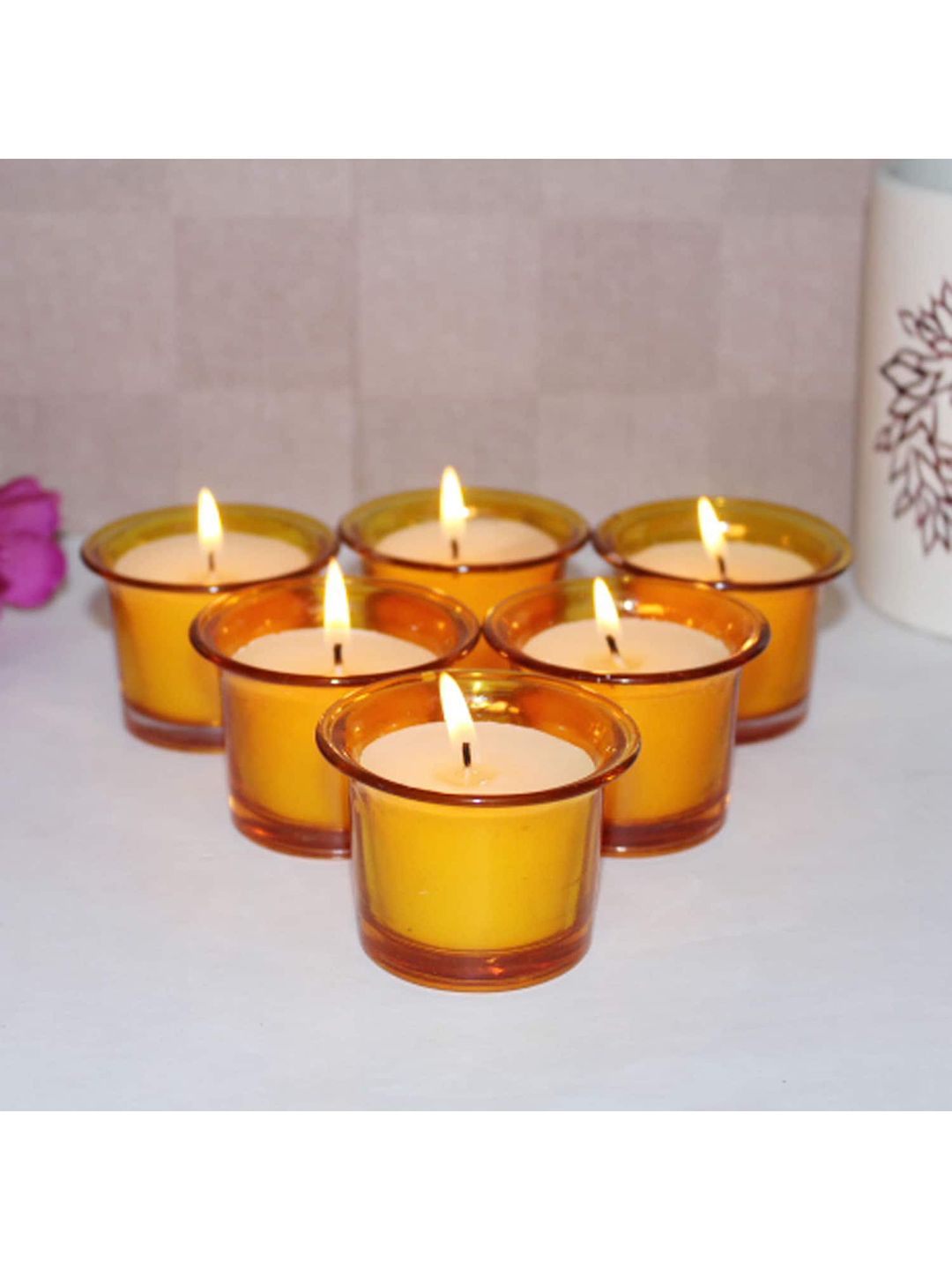 HOSLEY Set of 6 Yellow Solid Pea Jasmine Fragranced Filled Votive Glass Candles Price in India