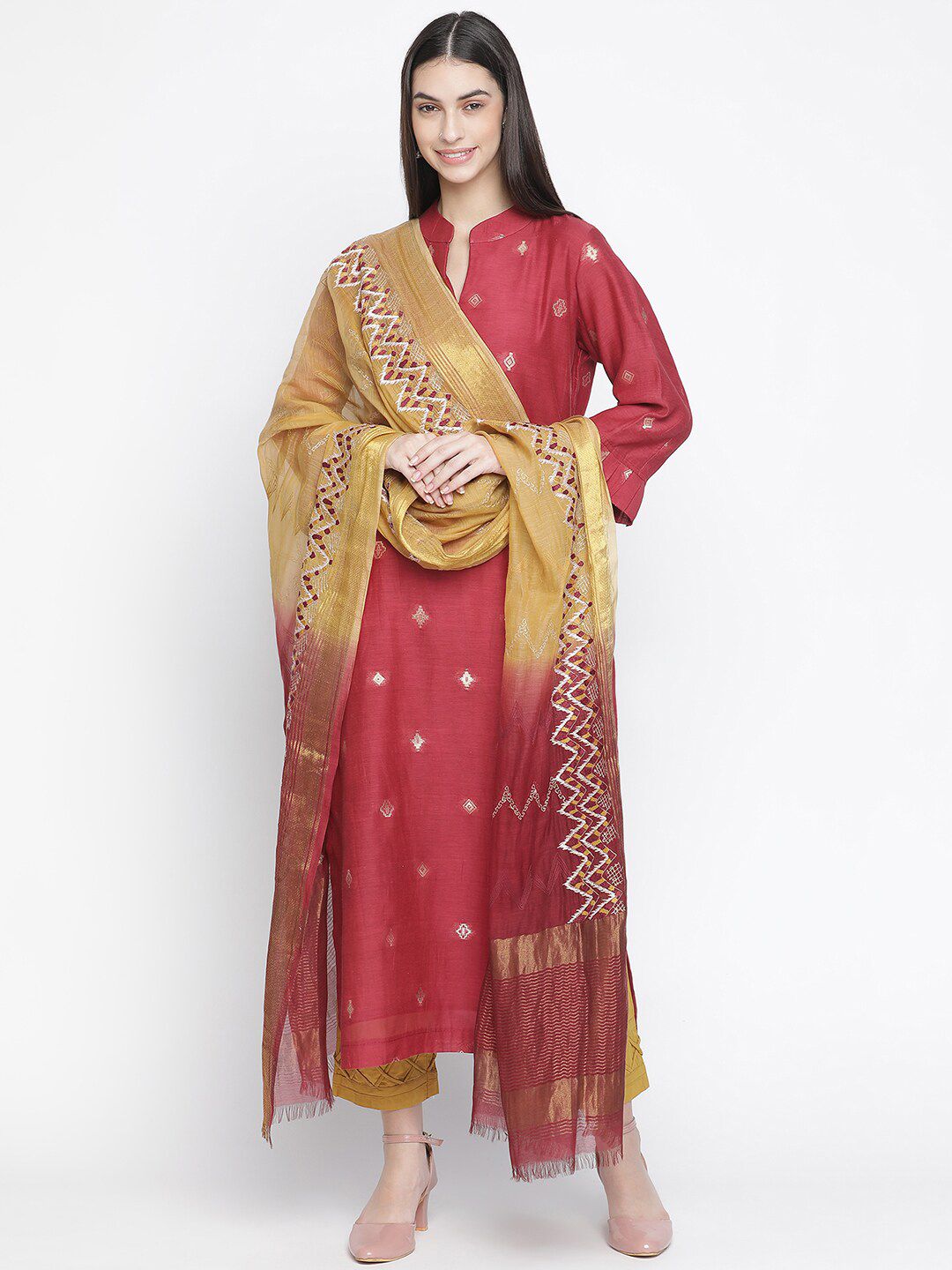 SHINGORA Maroon & Golden Unstitched Dress Material Price in India