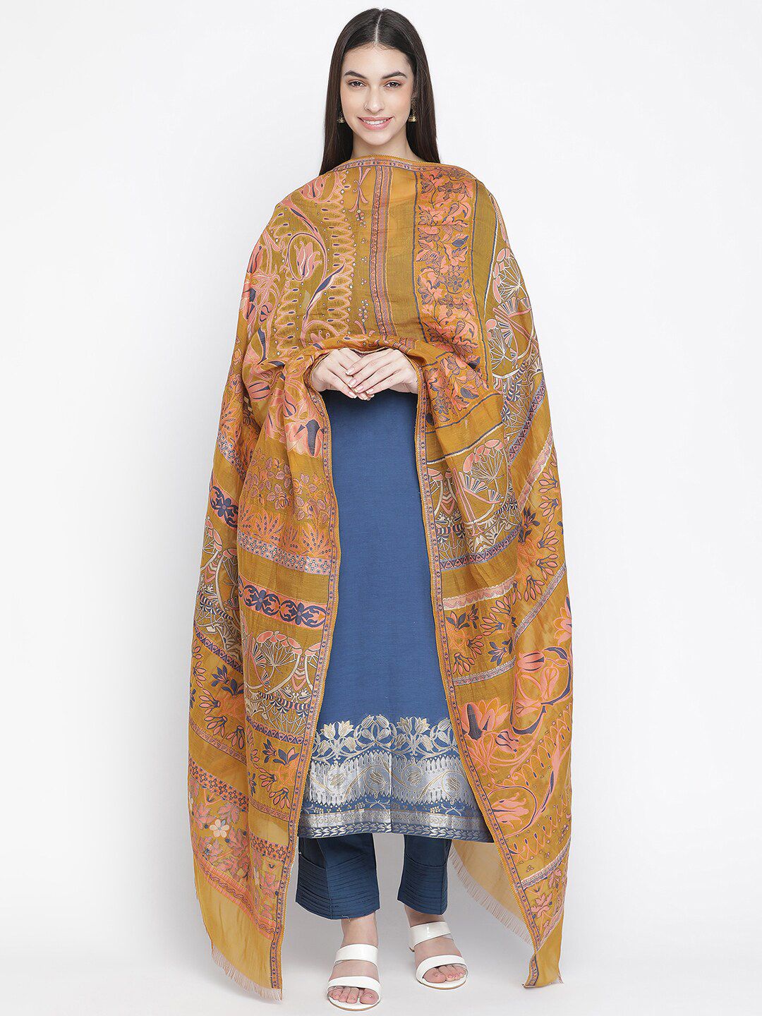 SHINGORA Blue & Mustard Unstitched Dress Material Price in India