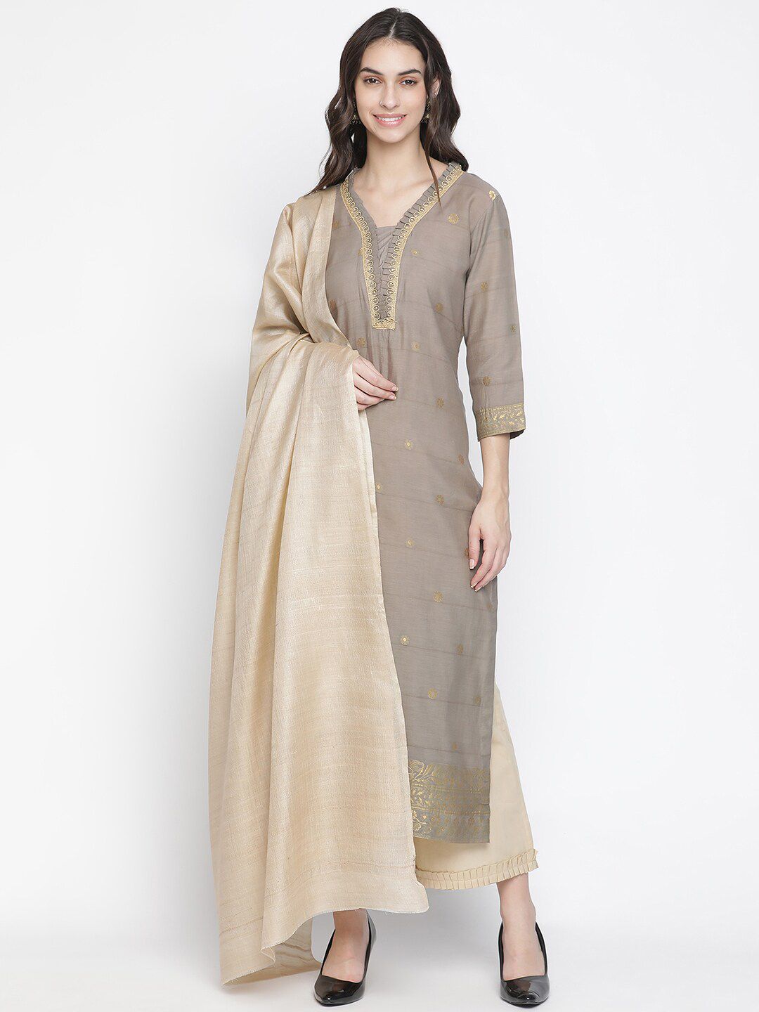 SHINGORA Grey & Gold-Toned Woven Design Unstitched Dress Material Price in India