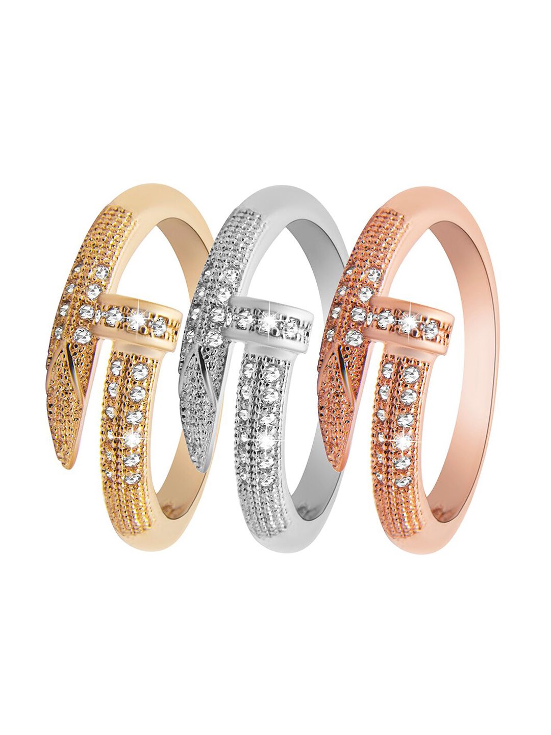 Moon Dust Set Of 3 Rose Gold-Plated White CZ-Studded Finger Rings Price in India