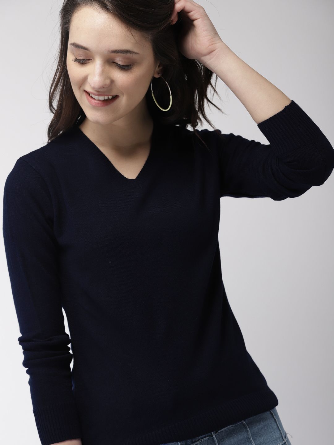 Mast & Harbour Women Navy Blue Solid Pullover Price in India
