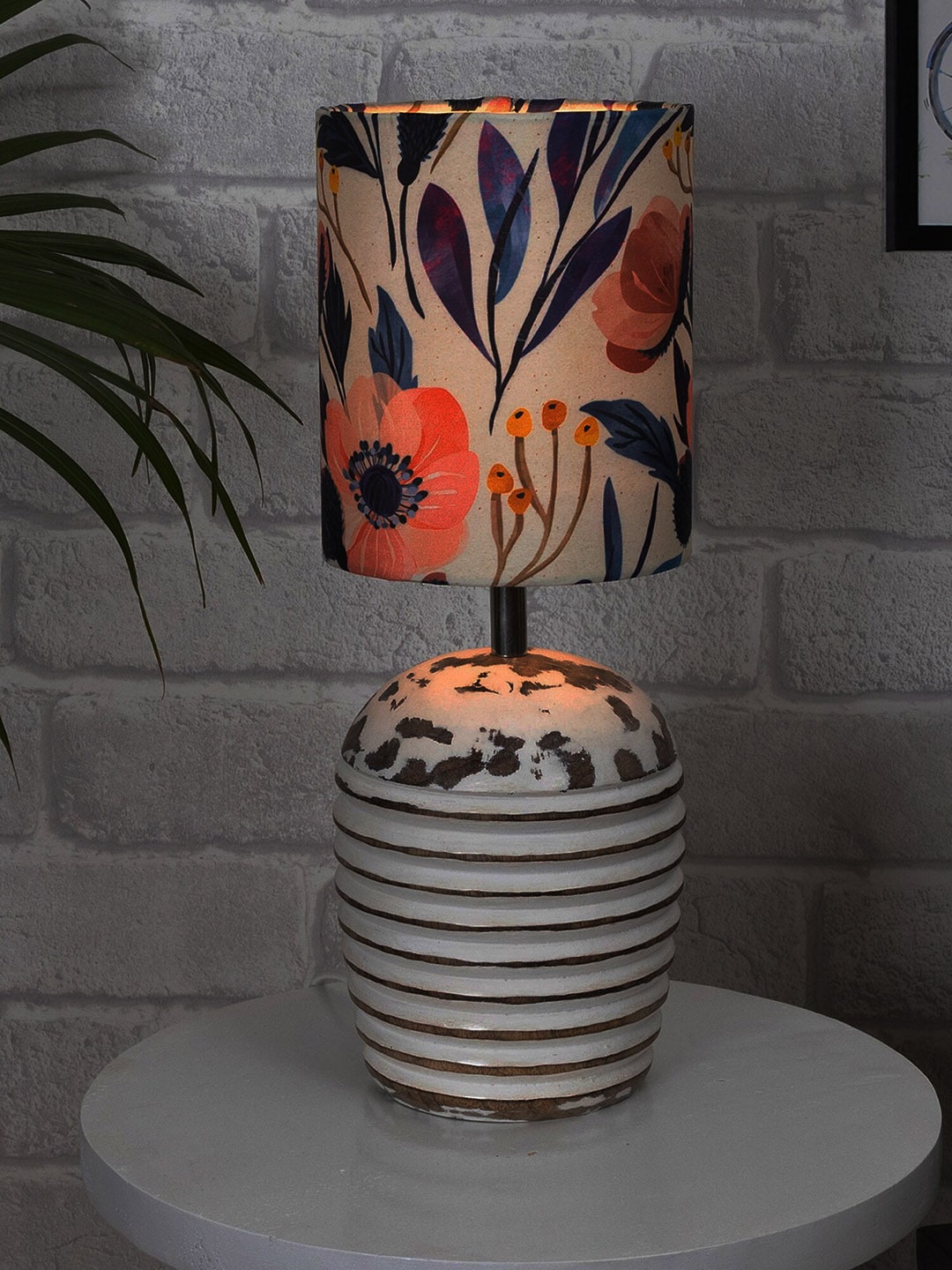 Homesake Multicolored Printed Ribbed Basket Wooden Table Lamp with Shade Price in India