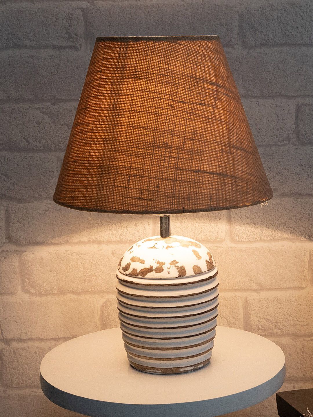 Homesake Beige Wooden Ribbed Basket Table Lamp With Jute Shade Price in India