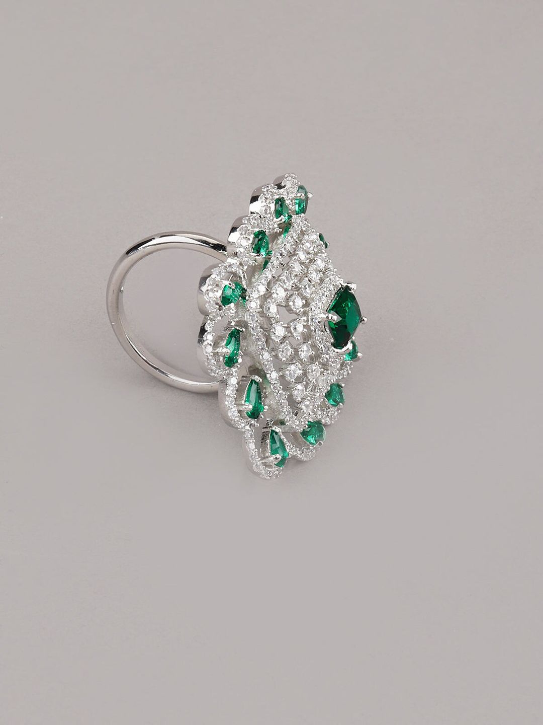 ODETTE Silver-Toned Green & White Stone Studded Finger Ring Price in India