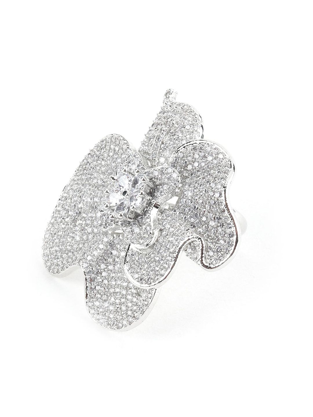 ODETTE Silver-Toned Stone-Studded Adjustable Finger Ring Price in India