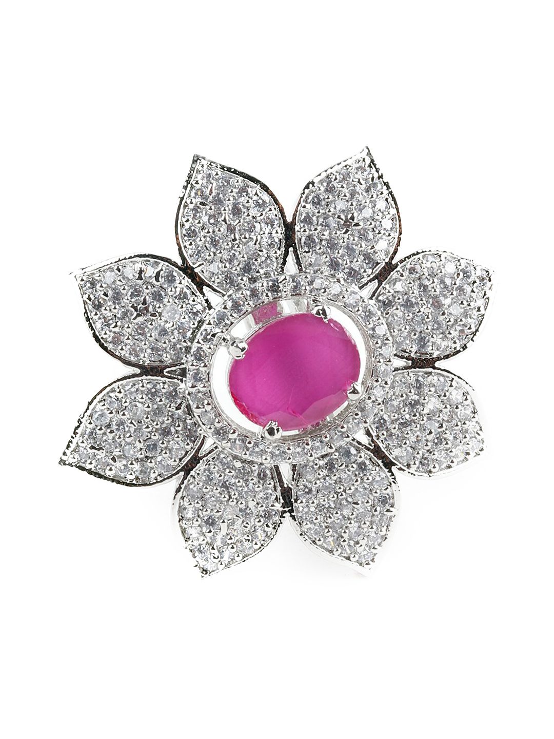 ODETTE Silver-Toned White & Pink Crystal-Studded Finger Ring Price in India
