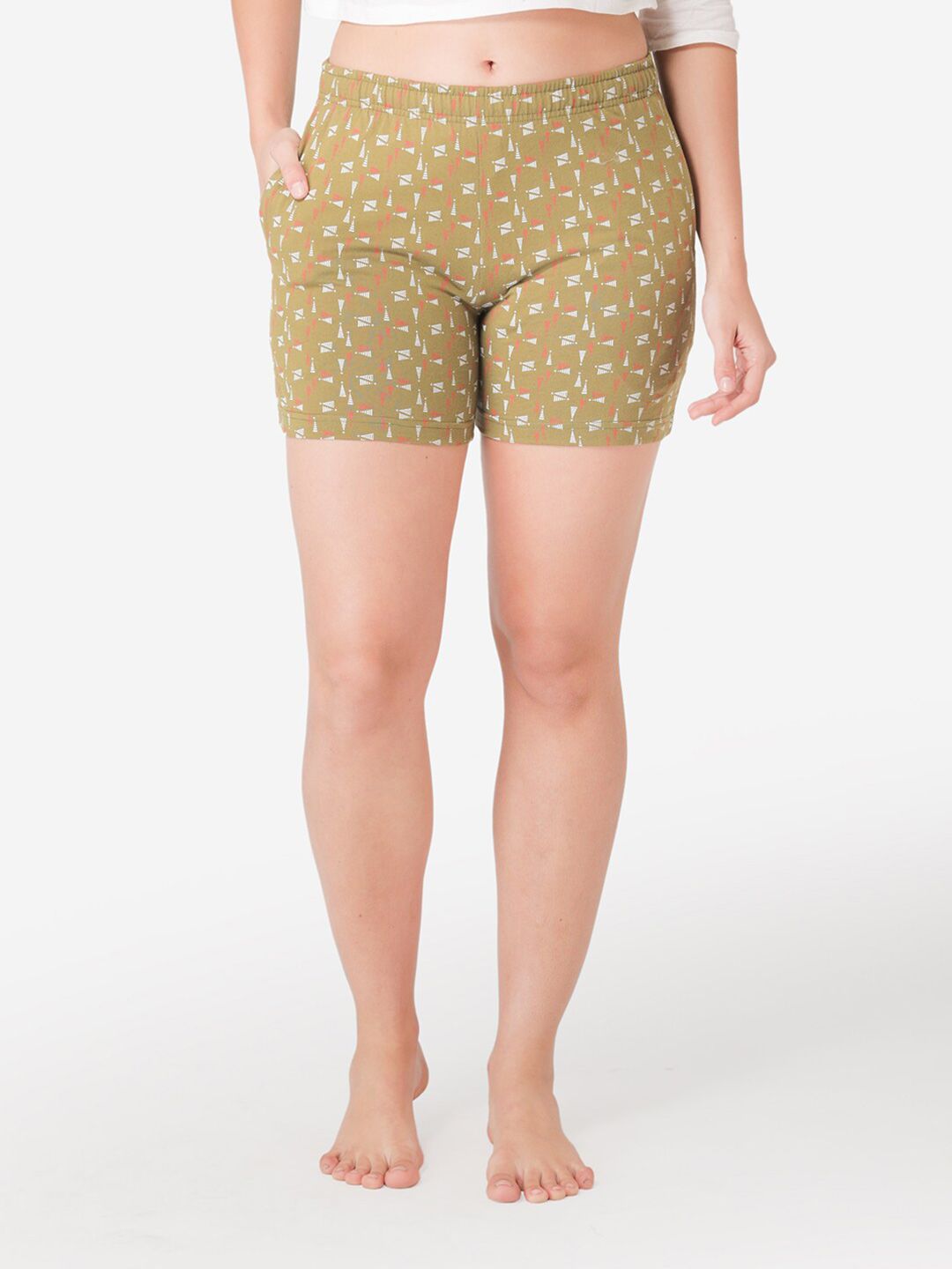 Vami Women Tan Printed Cotton Lounge Shorts Price in India