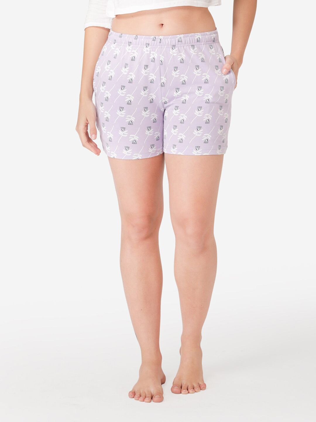 Vami Women Purple & White Printed Cotton Lounge Shorts Price in India