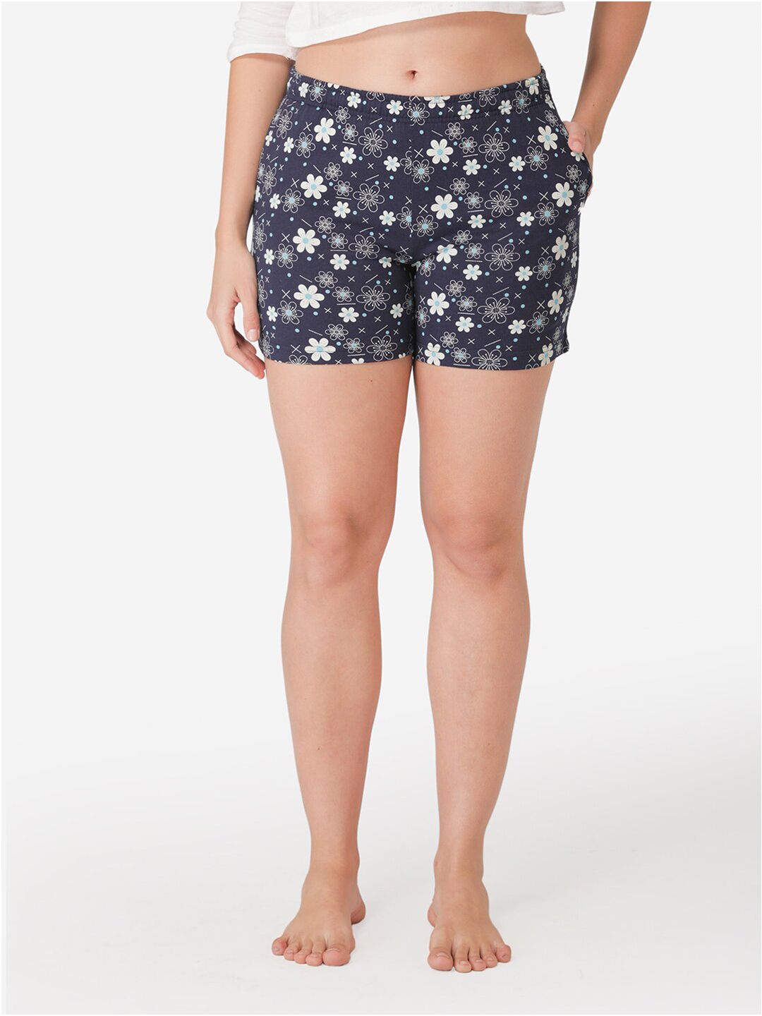 Vami Women Navy Blue & White Printed Cotton Lounge Shorts Price in India