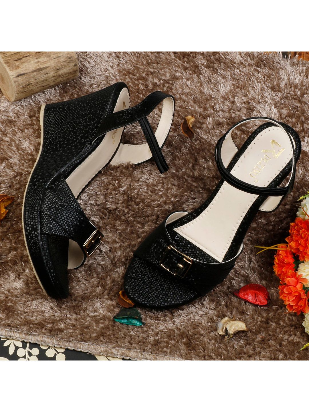 R DEZINO Black Wedge Heels with Buckles Price in India