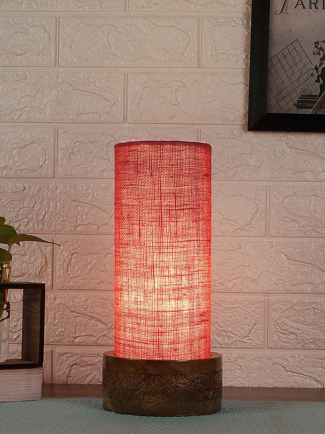 Devansh Pink Jute Table Lamp with Carved Wood Base Price in India