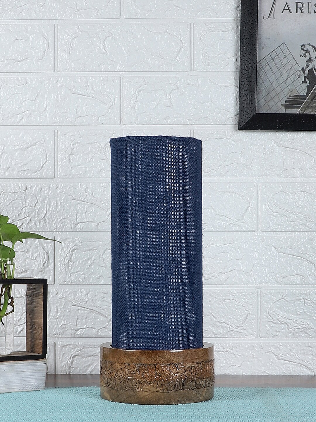 Devansh Blue Wood Table Lamp With Cylindrical Jute Shade Price in India