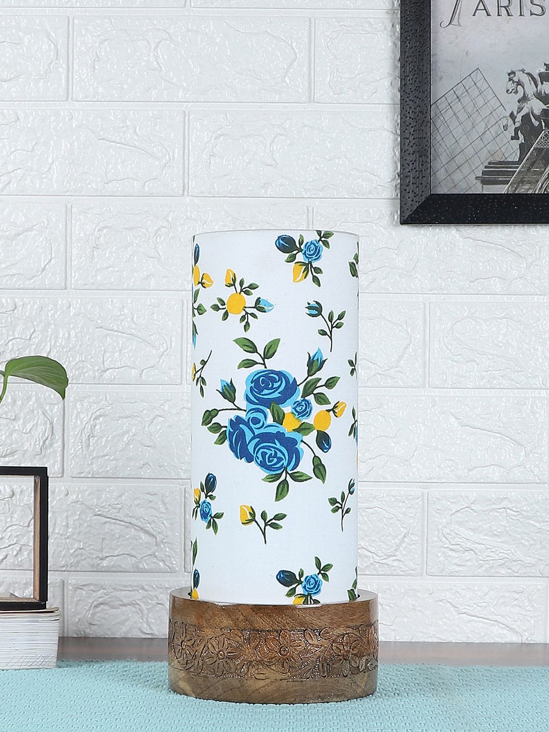 Devansh White & Blue Printed Contemporary Bedside Standard Table Lamp with Shade Price in India