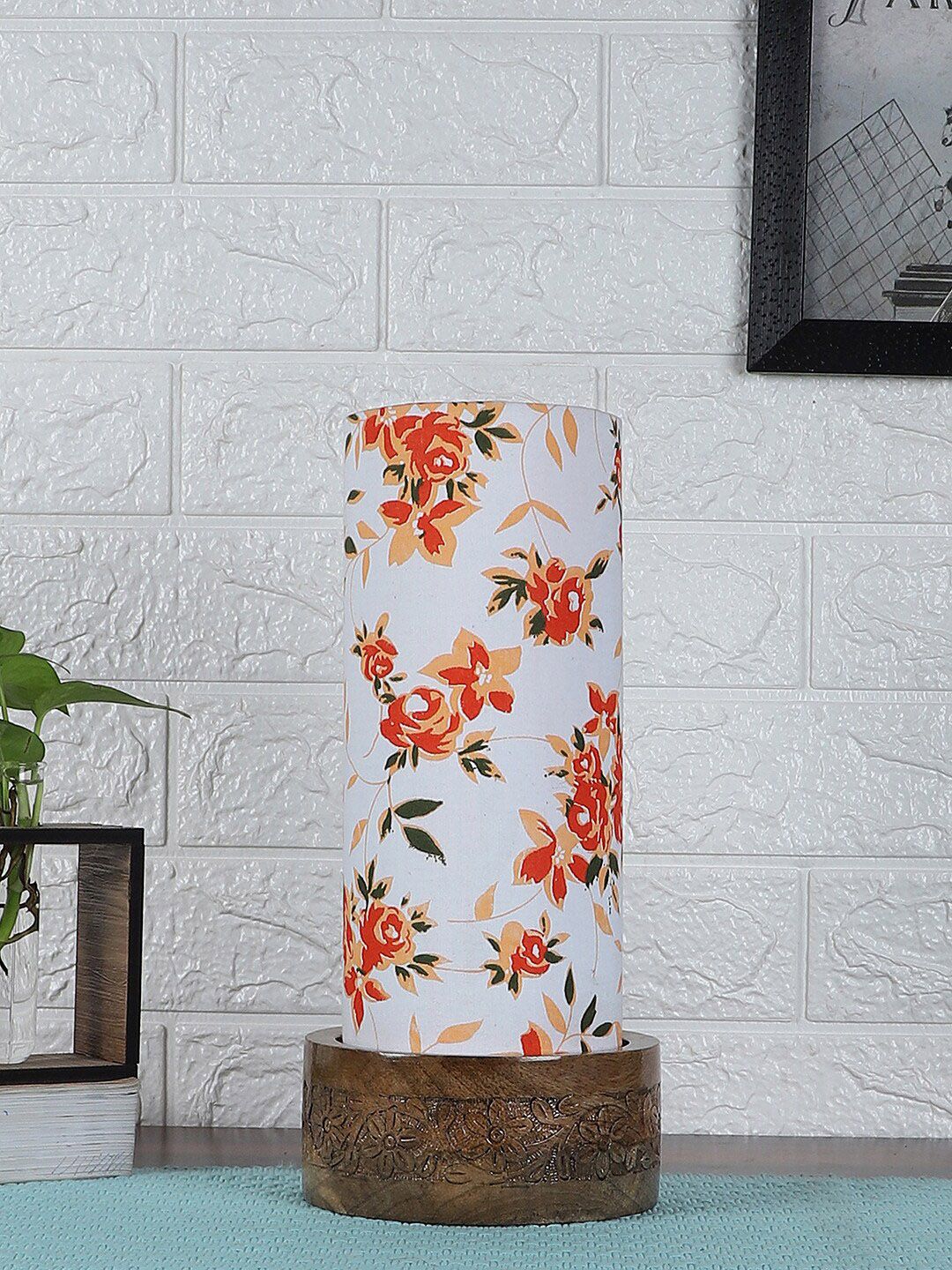 Devansh White & Orange Printed Wood Cylinder Table lamp Cotton Shade Price in India