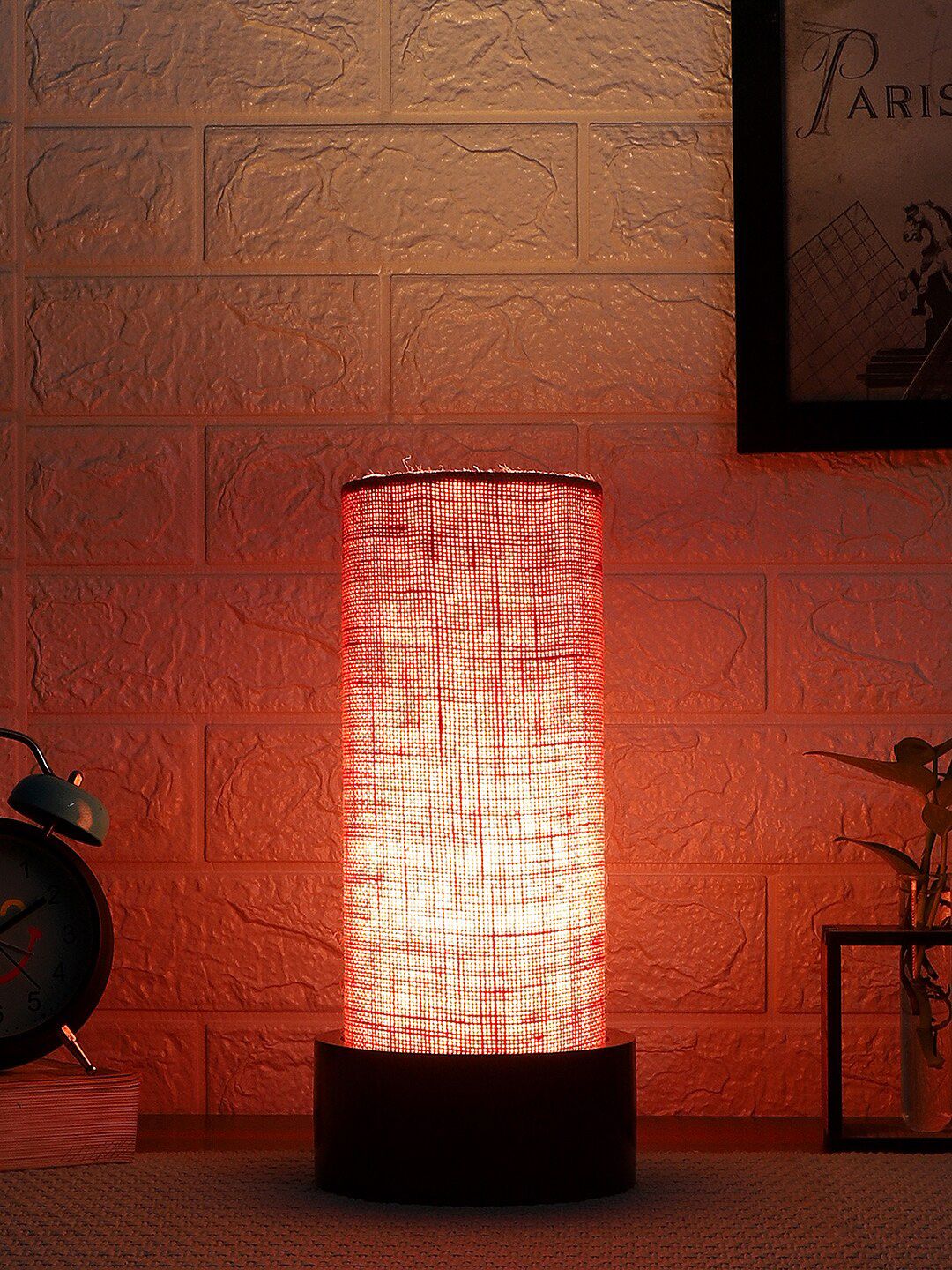 Devansh Pink & Brown Jute Table Lamp with Wooden Base Price in India