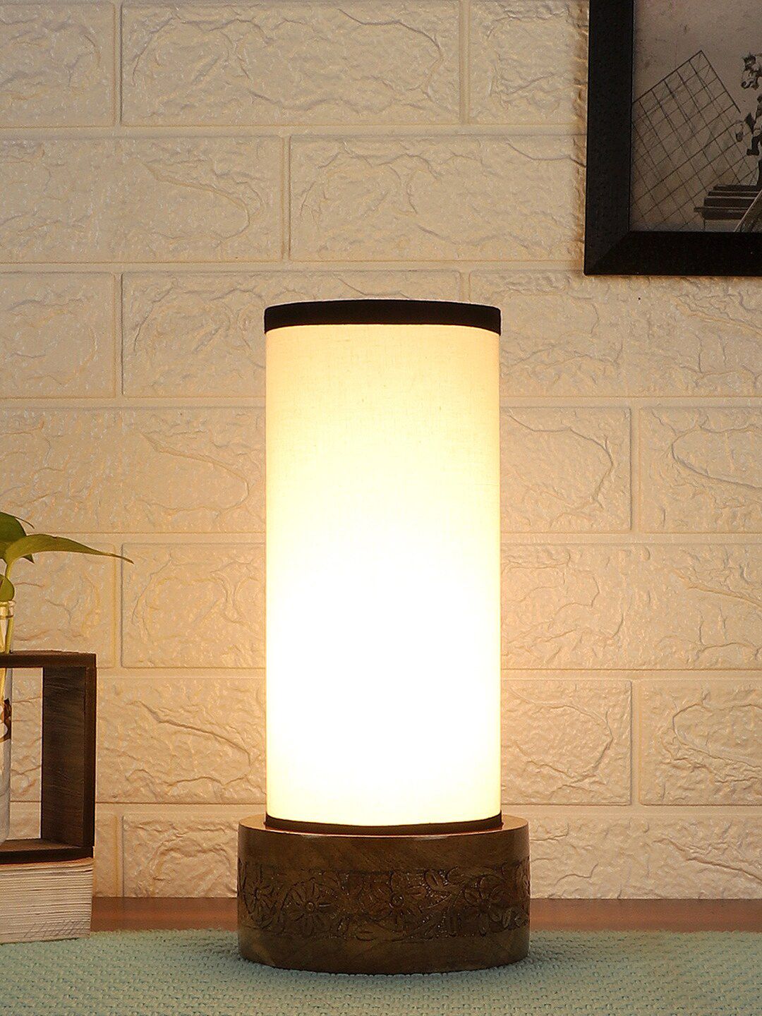 Devansh White & Black Cotton Table Lamp with Wooden Base Price in India