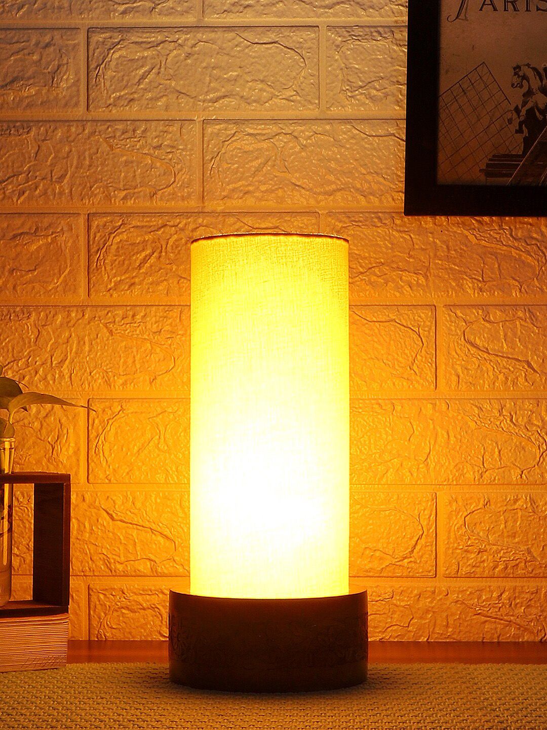 Devansh Yellow Cotton Table Lamp with Wood Base Price in India