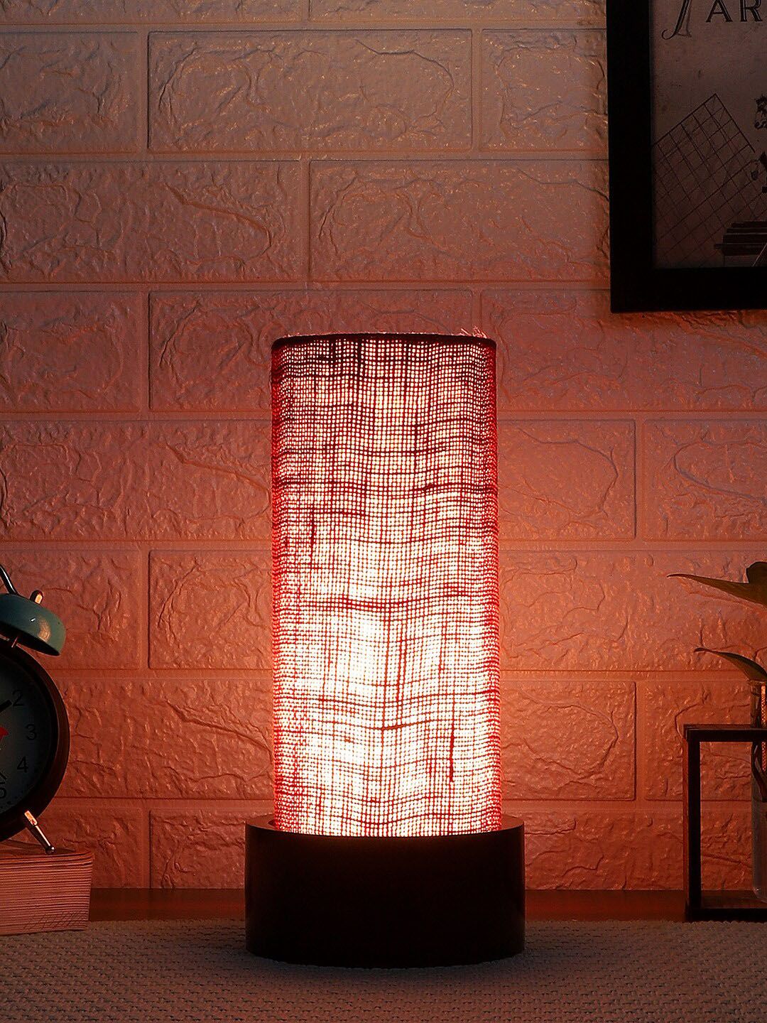 Devansh Maroon Solid Cylindrical Traditional Table Lamp with Shade Price in India