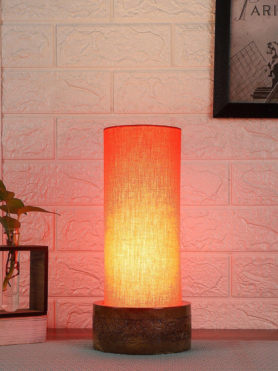 Devansh Orange Solid Wood Cylinder Table lamp Cotton Shade Price in India