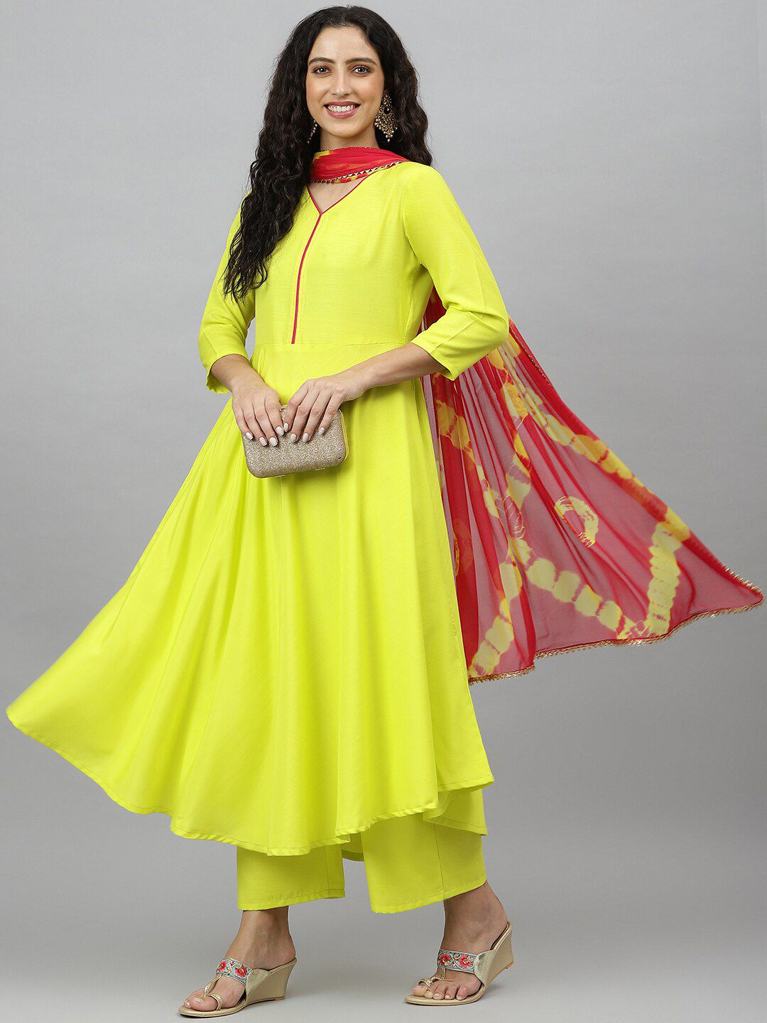 KALINI Women Yellow Striped Empire Kurta with Palazzos & With Dupatta Price in India