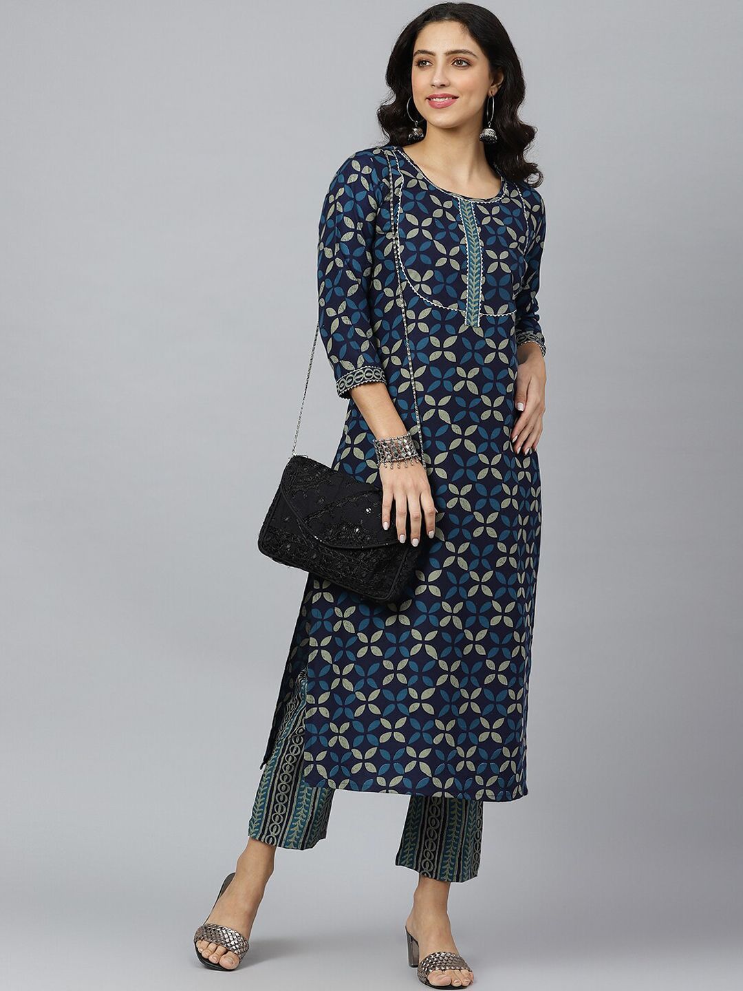 KALINI Women Blue Floral Printed Kurta with Trousers Price in India