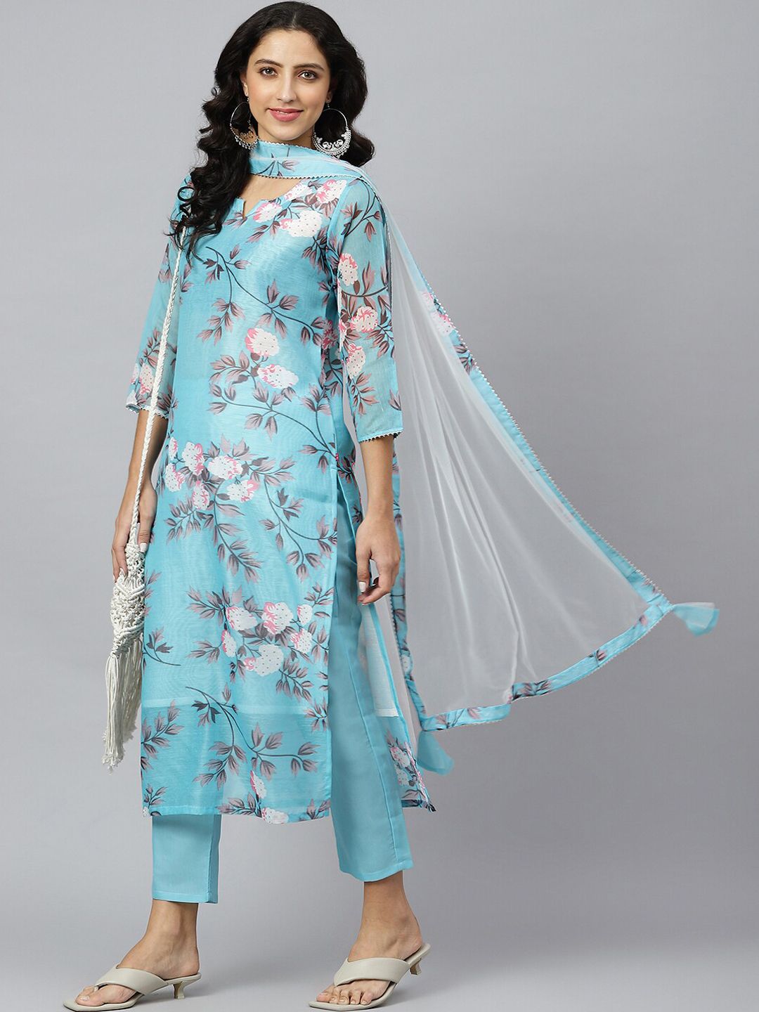 KALINI Women Blue Floral Printed Kurta with Trousers & With Dupatta Price in India