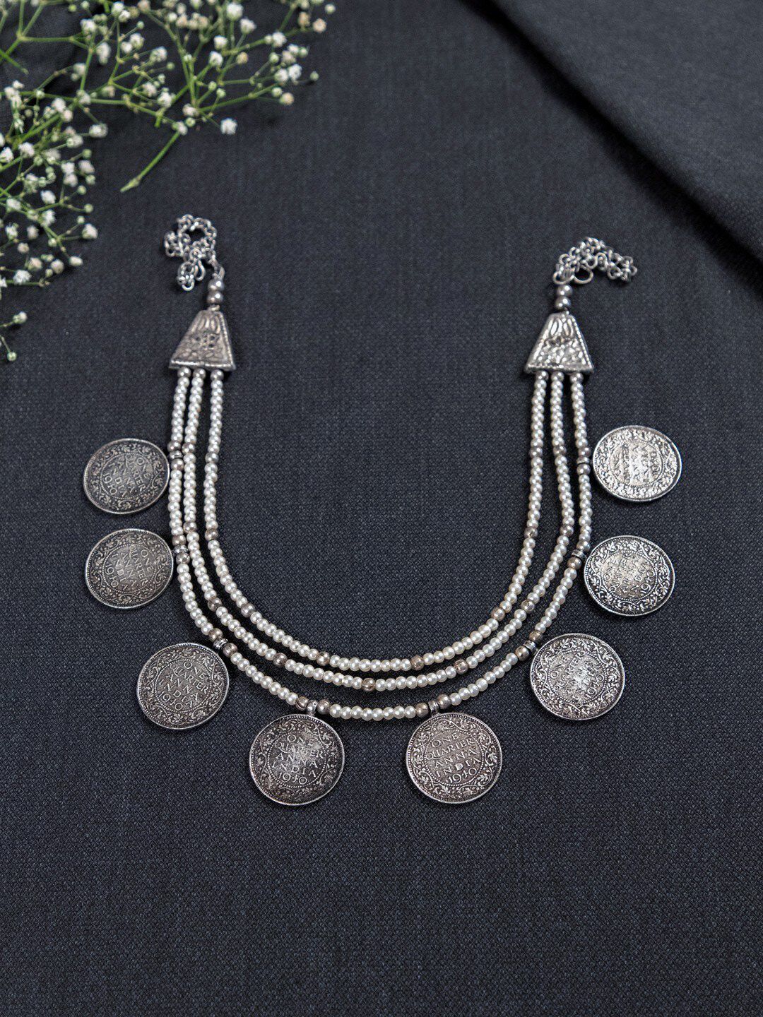 creyons by mansi Silver-Toned & White Beaded Coin Necklace Price in India