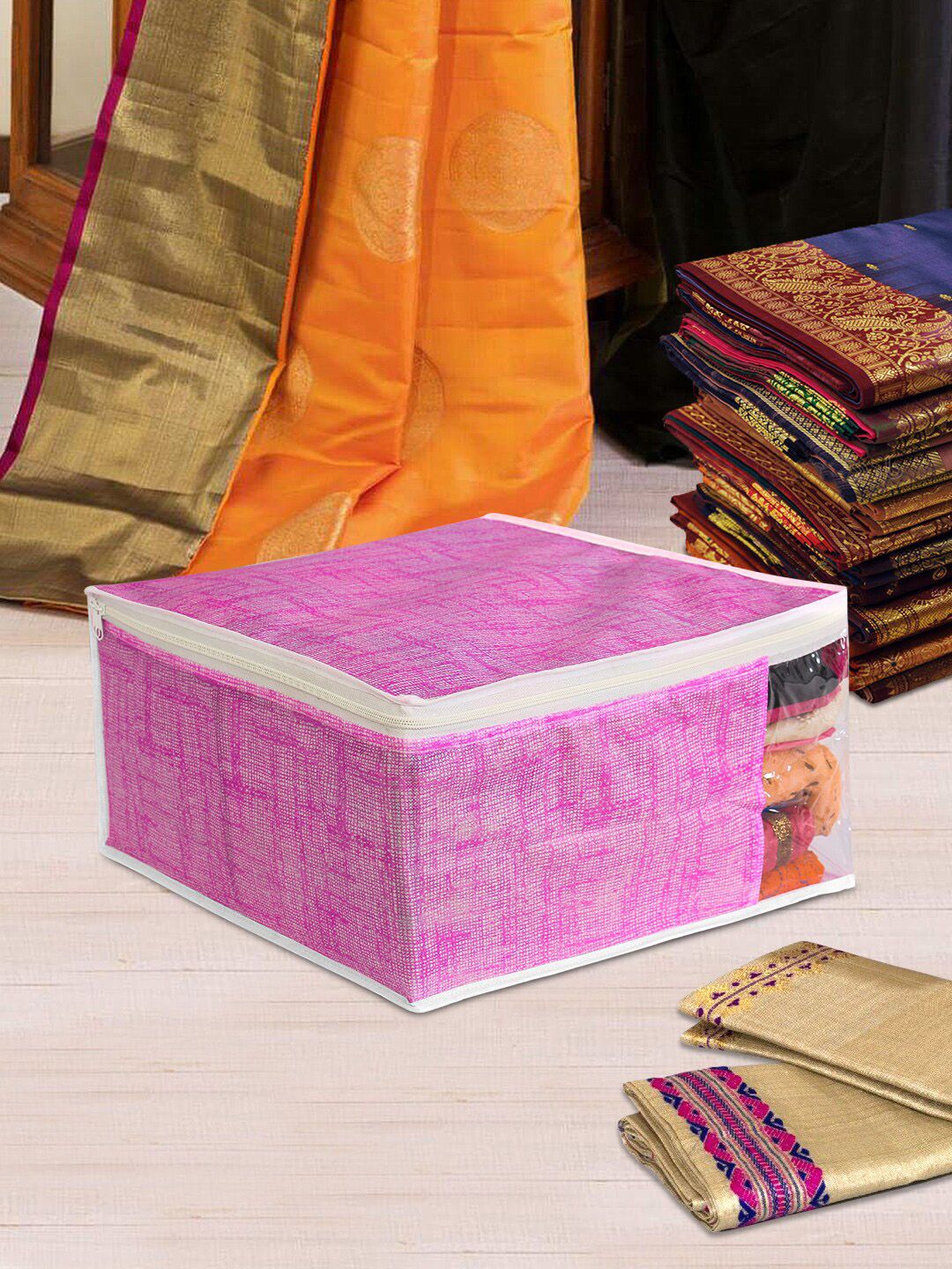 prettykrafts Pack of 3 Pink Jute Saree Organizers Price in India
