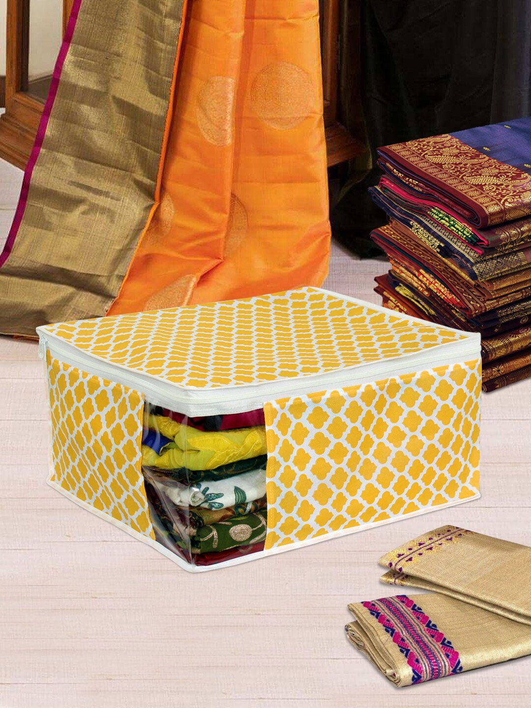 prettykrafts Set of 9 Yellow & White Printed Saree Organiser Price in India