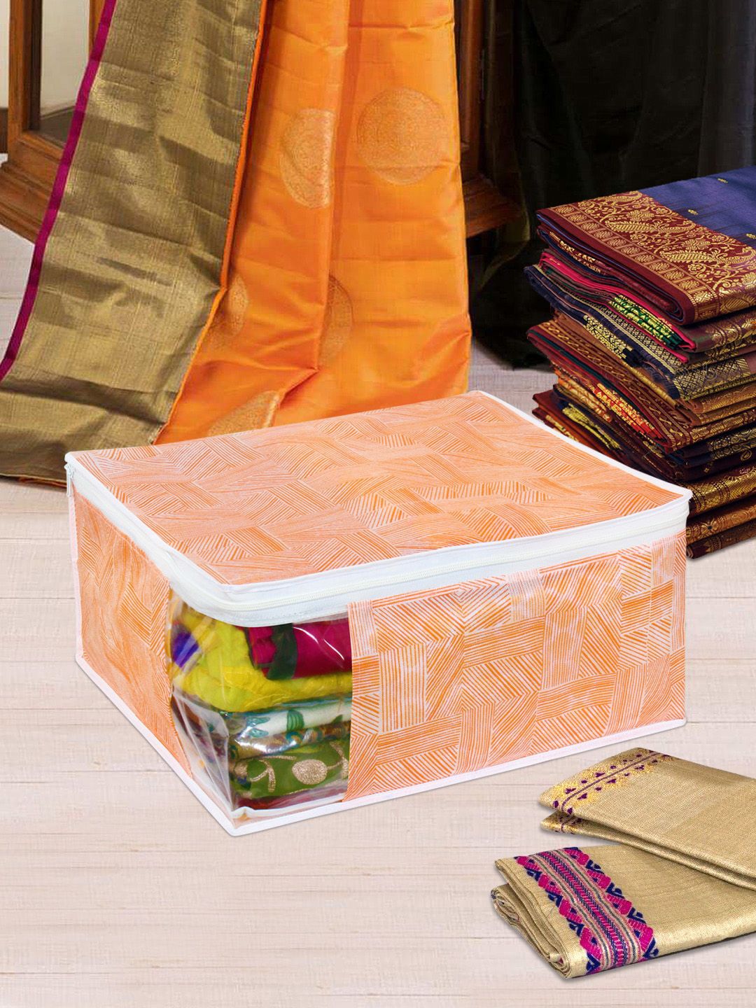 prettykrafts Set Of 6 Orange Striped Jute Saree Organiser Price in India