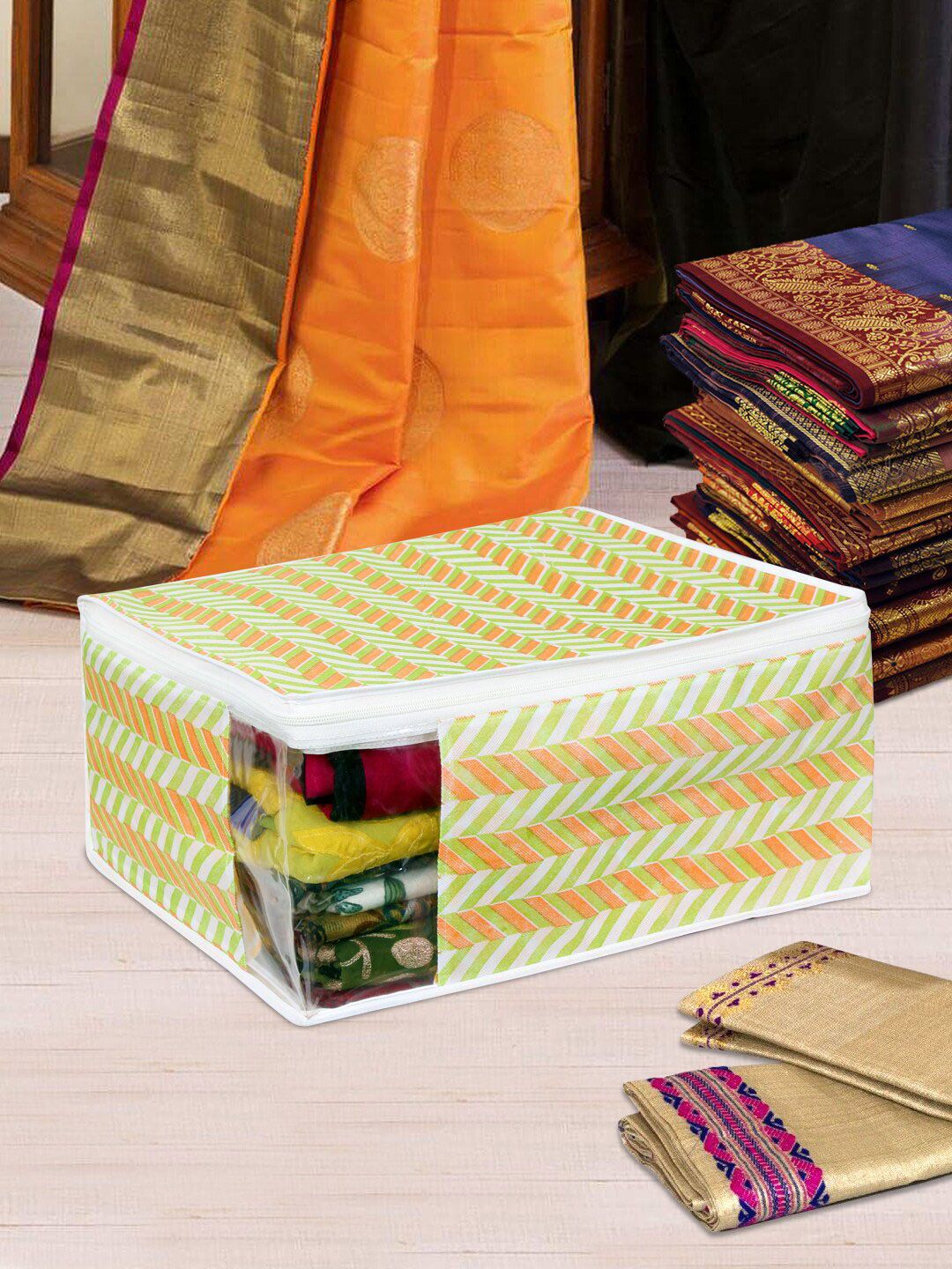 prettykrafts Set of 9 Green & Orange Printed Jute Saree Cover Price in India