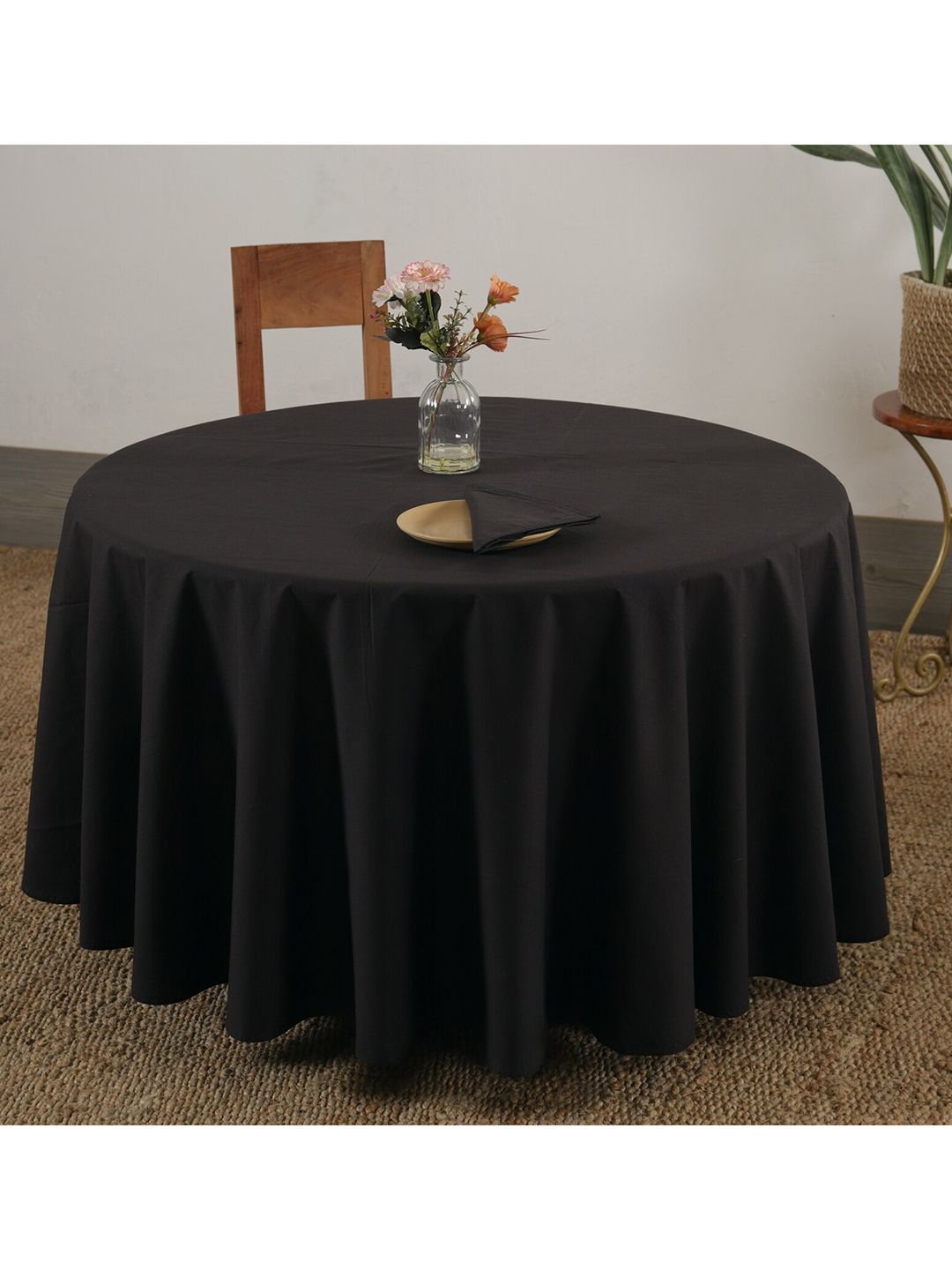 HANDICRAFT PALACE Black Solid 6 Seater Round Table Cover Price in India