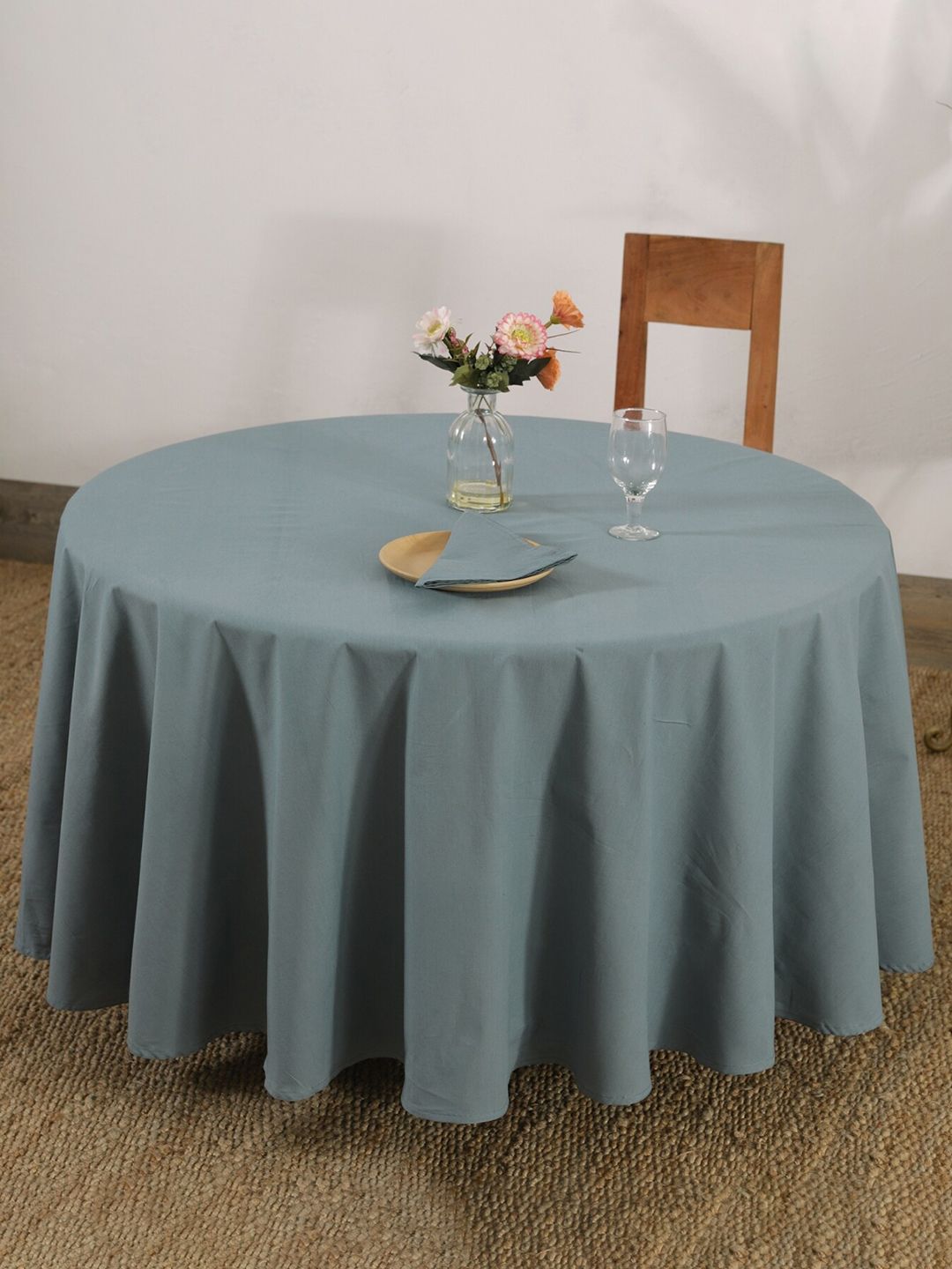 HANDICRAFT PALACE Grey Solid Pure Cotton 6 Seater Round Table Cover With Napkins Price in India