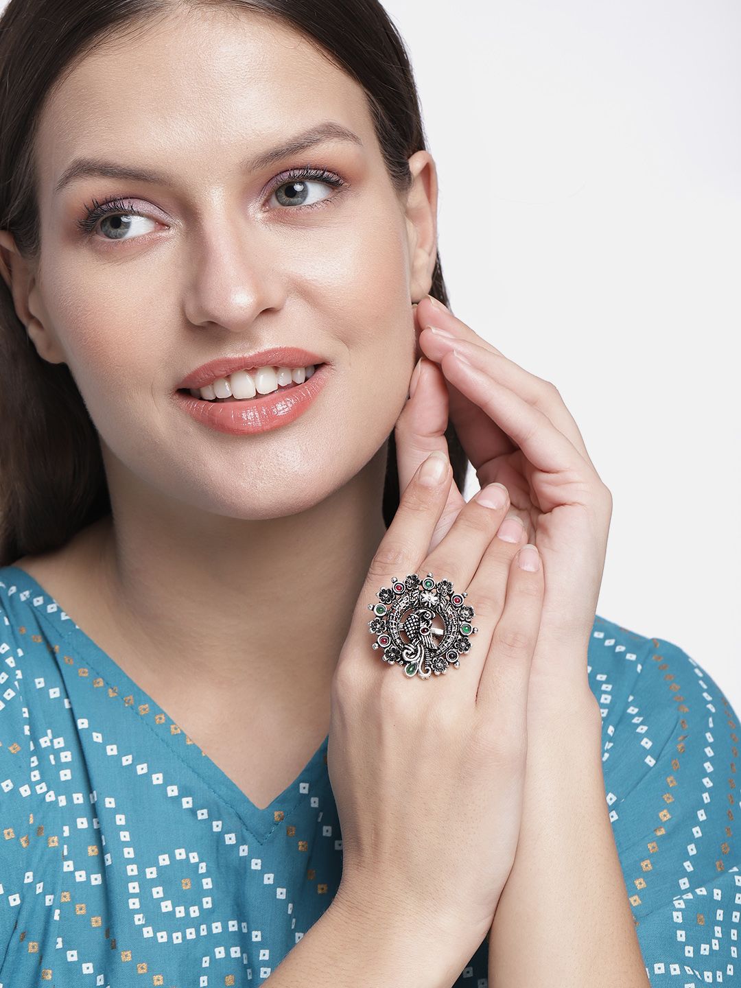 Kord Store Silver-Plated Oxidised Peacock Design Adjustable Finger Ring Price in India