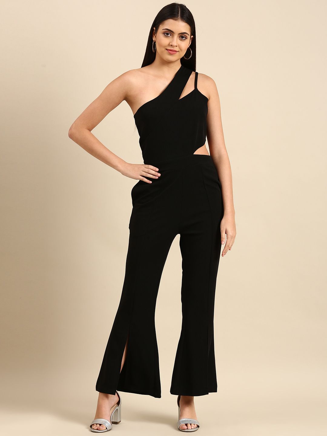 Athena Women Black Solid Cut-Out Detail Basic Jumpsuit Price in India