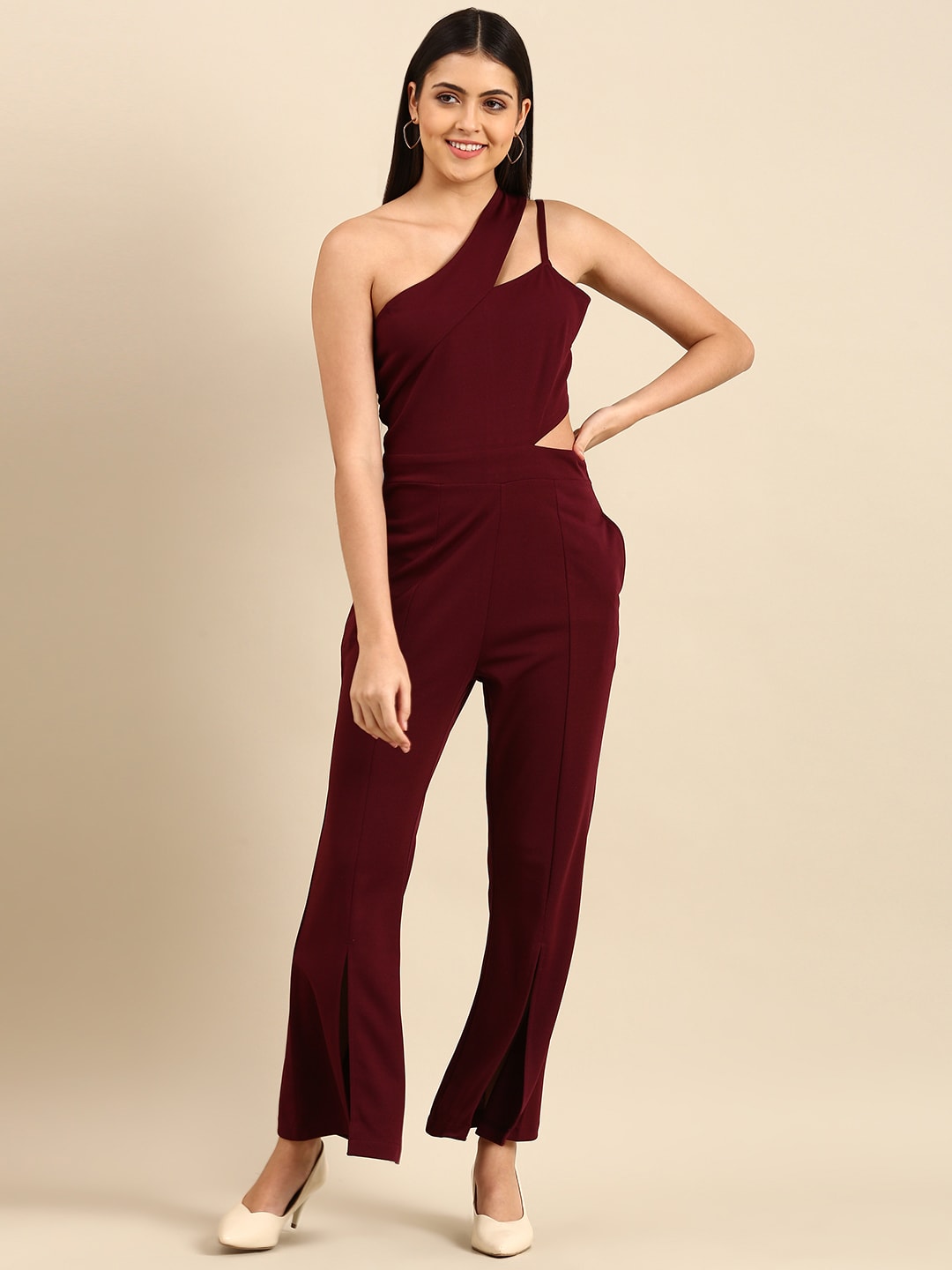 Athena Women Stylish Burgundy Solid Cut Out Jumpsuit Price in India