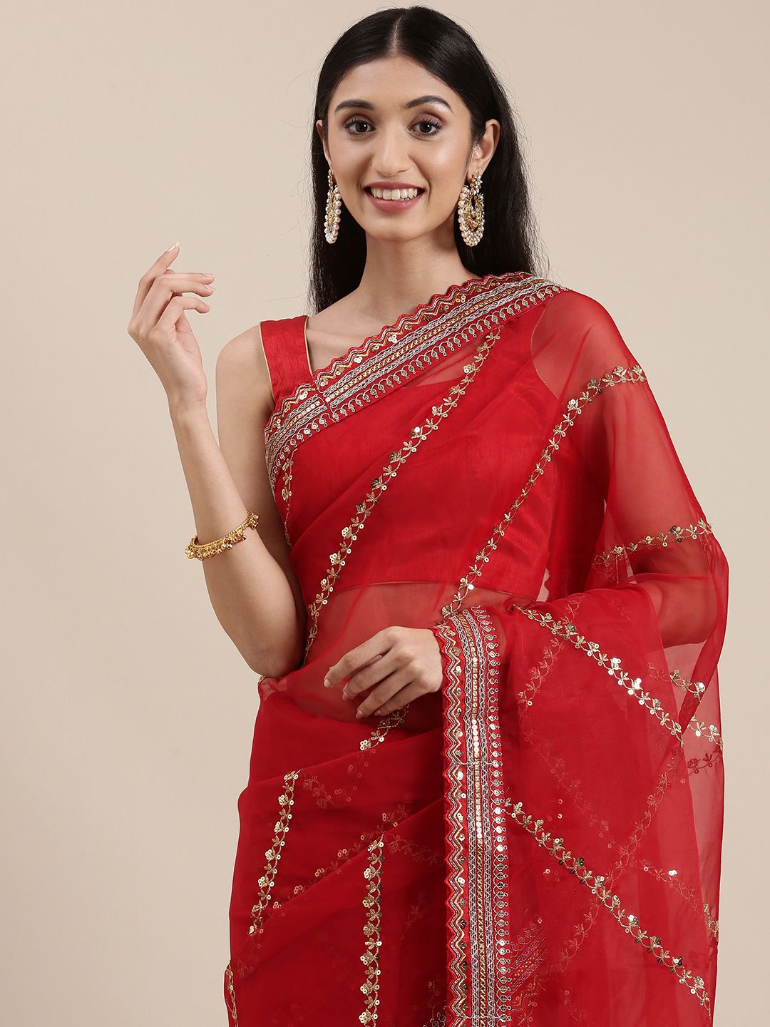 Mitera Red Striped Sequinned Organza Saree Price in India