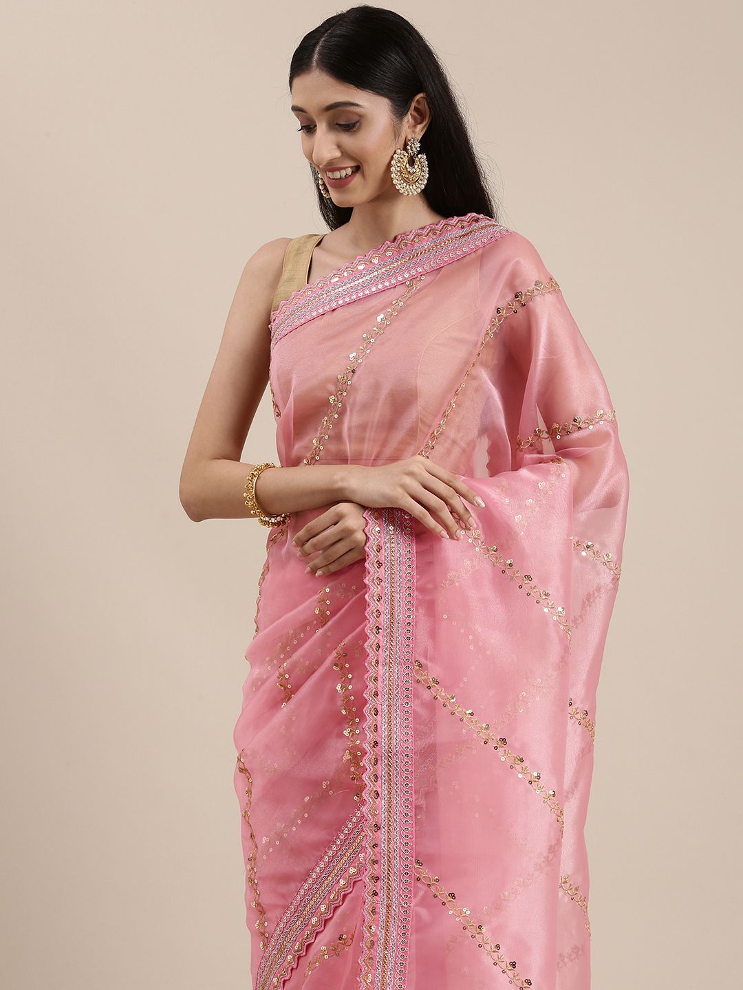 Mitera Pink Striped Sequinned Organza Saree Price in India